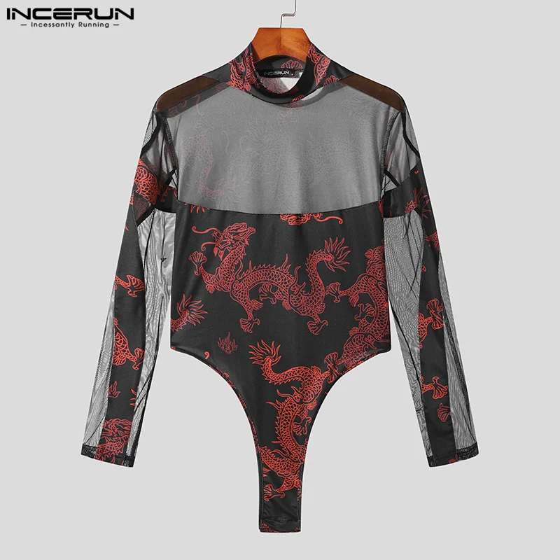 INCERUN Men Bodysuits Mesh Print Patchwork Transparent Sexy Turtleneck Long Sleeve Rompers Streetwear 2024 Fashion Male Bodysuit