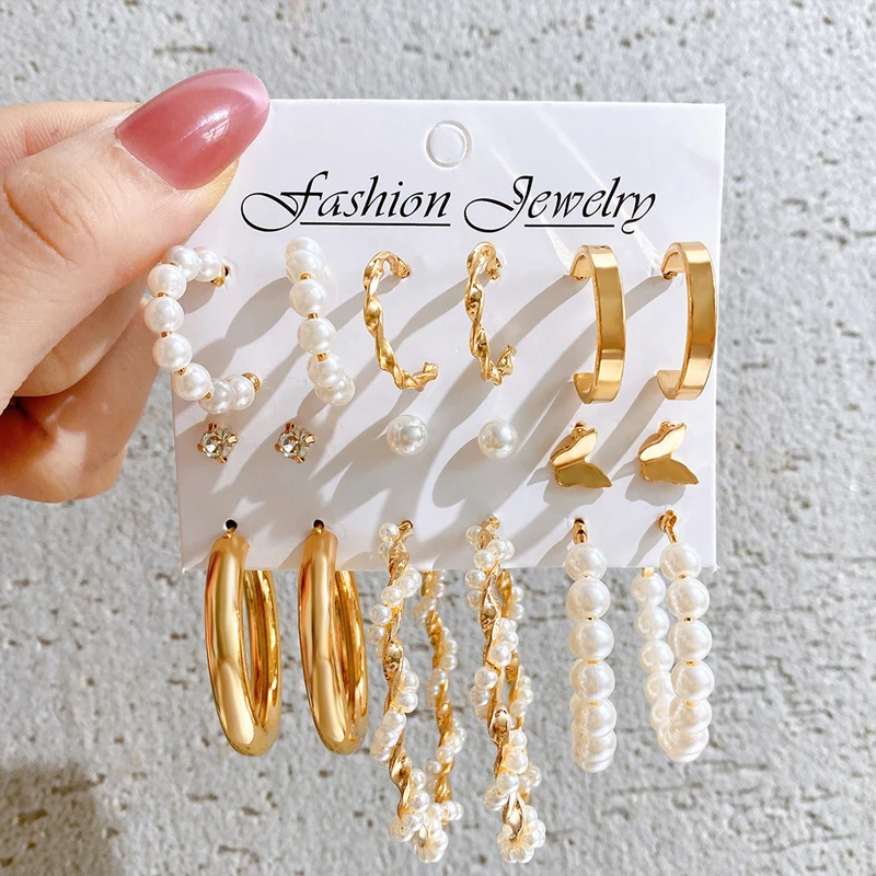 New Gold Color Big Circle Hoop Earring Set for Women Fashion Bohemia Vintage Pearl Earring Heart Zircon Ear Studs Jewelry Gifts