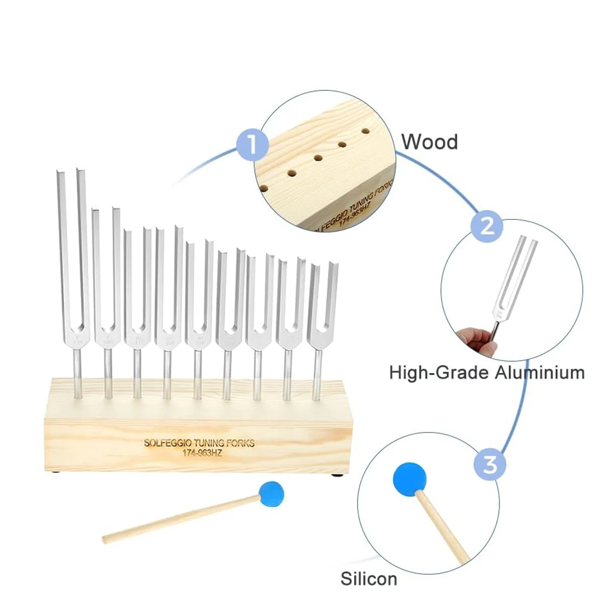 9PCS Tuning Fork Set,Tuning Forks Chakra for Healing Meditation Yoga Relaxation Instrument with Wooden Stand 6