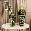 Black Checkered Pattern General Tank Golden Stripes Porcelain Ginger Jar Creative Vases Dresser Table Jewelry Cosmetic Container 5