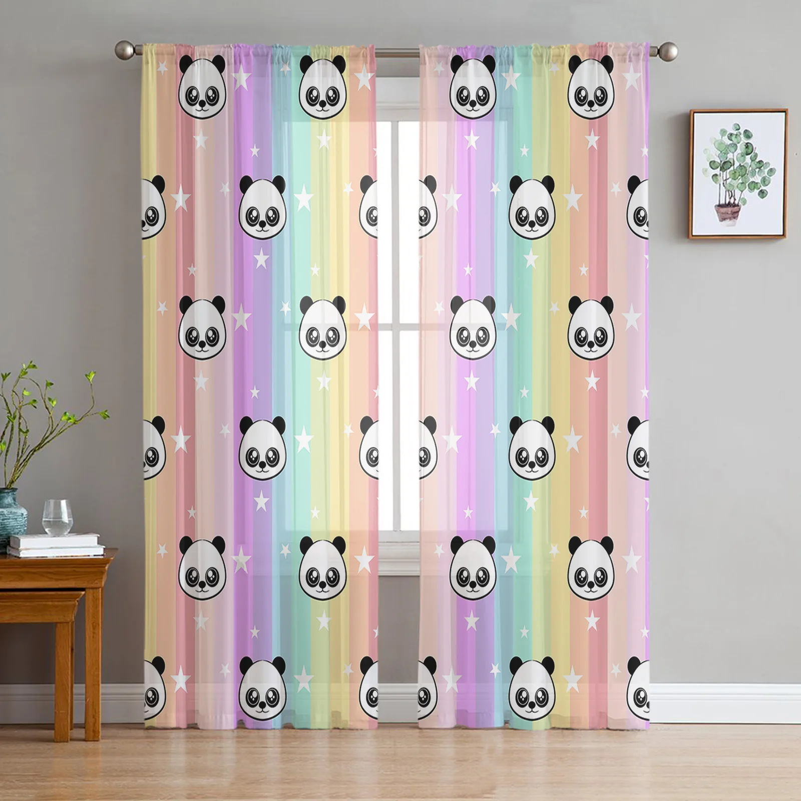 

Panda Stars Rainbow Stripes Sheer Curtains For Living Room Bedroom Kitchen Decoration Window Voiles Organza Tulle Curtain