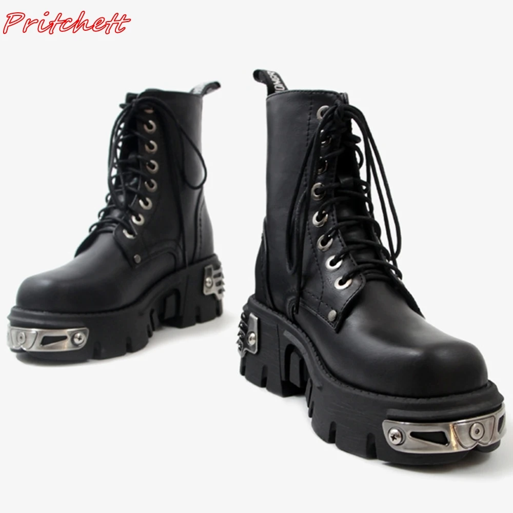 

Spice Girl Punk Boots Women Metal Decoration Lace Up Flat with Short Boots Round Toe Classic All-match Thick Sole Mid Calf Boots