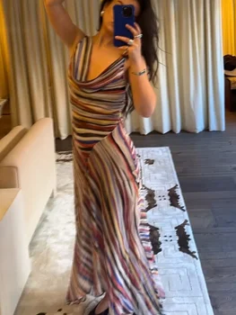 Sleeveless Striped Spaghetti Strap Dress Women Chic Irregular V-neck Sleeveless Slim Long Vestidos Lady Holiday Daily Dresses 1