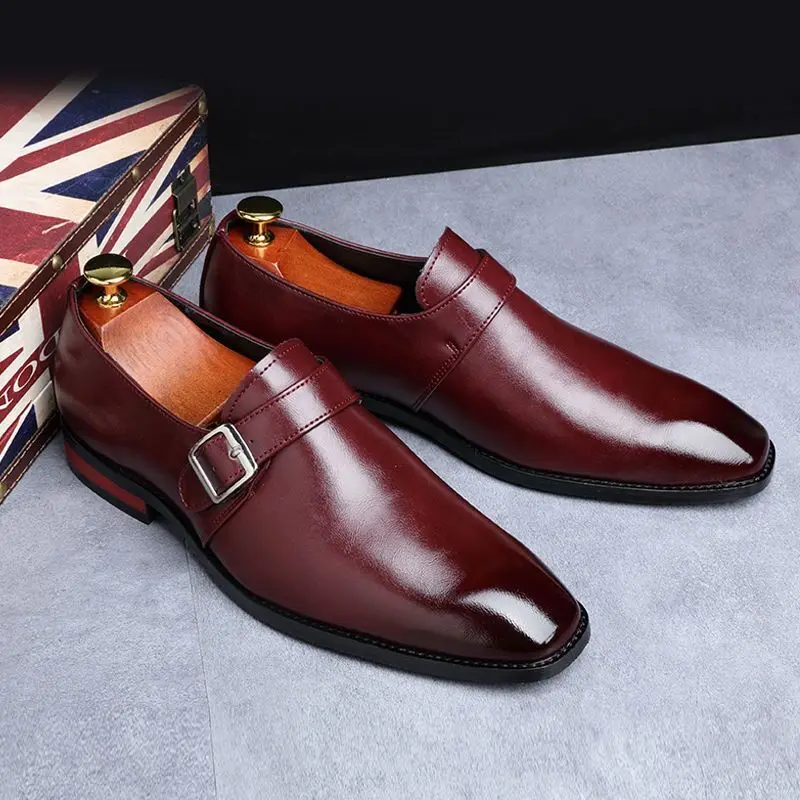 Men's Retro Casual Business Shoes Microfiber Leather Square Toe Slip-on Buckle Dress Office Flats Wedding Party Oxfords