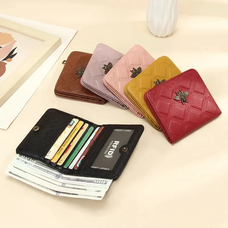 

Luxury Brand Bee Decoration Women Leather RFID Blocking Small Bifold Zipper Pocket Wallet Card Case Purse with ID Window