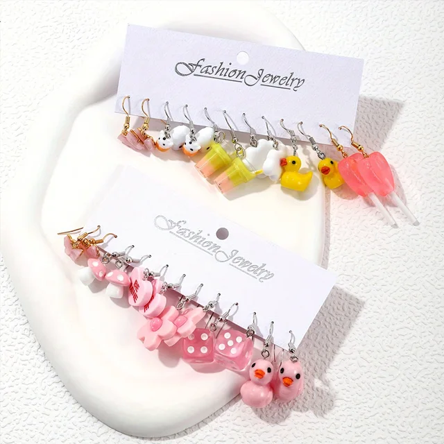 12 Pairs/ Set Cute Cartoon Series Dangle Earrings Duck Dice DuckMushroom Butterfly Cow Design Ear Jewelry Female Gift 3