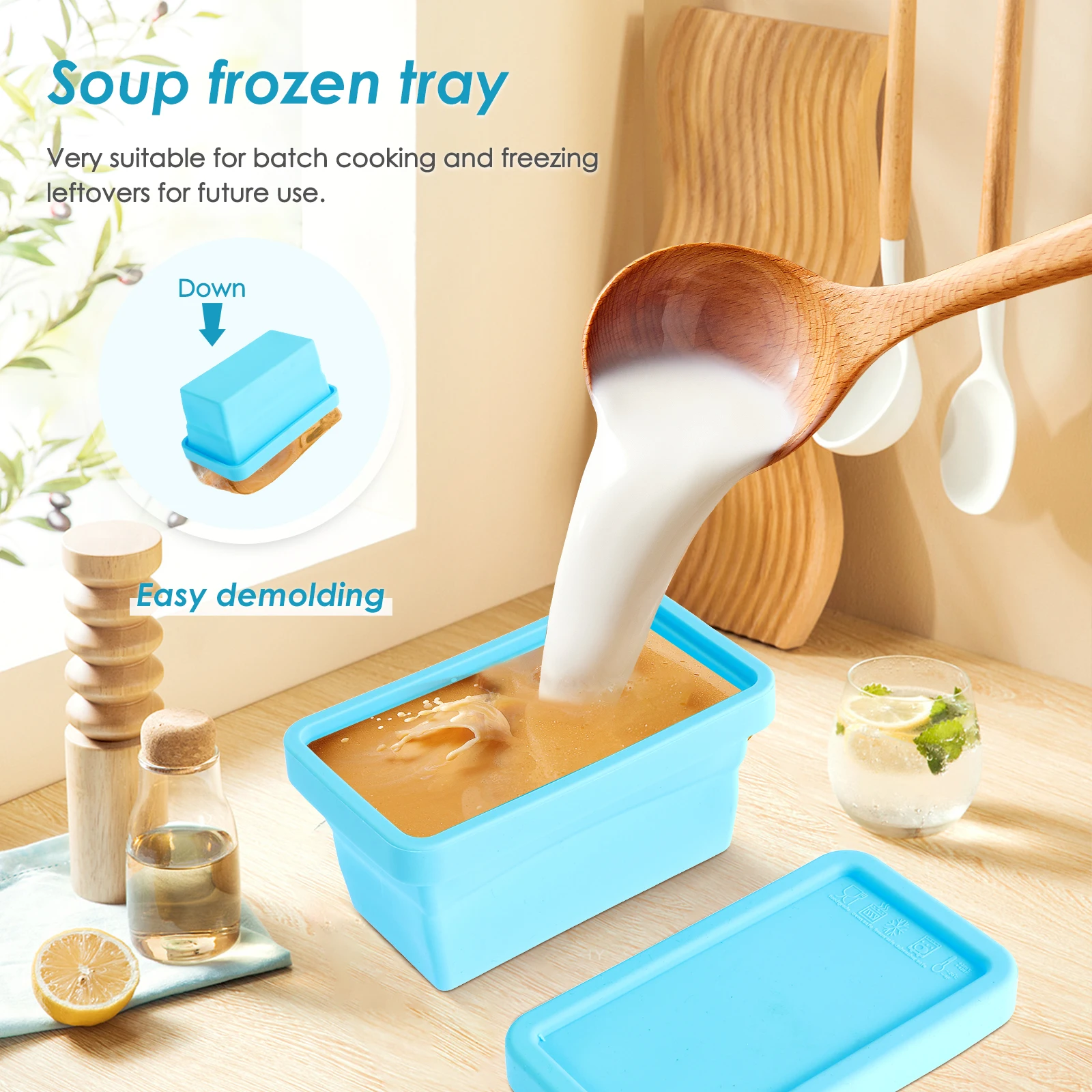2Pcs Silicone Freezer Tray Food Grade Freezer Molds with Lid Soup Mold Multipurpose Ice Cube Tray for Soup Broth Sauces storage tray