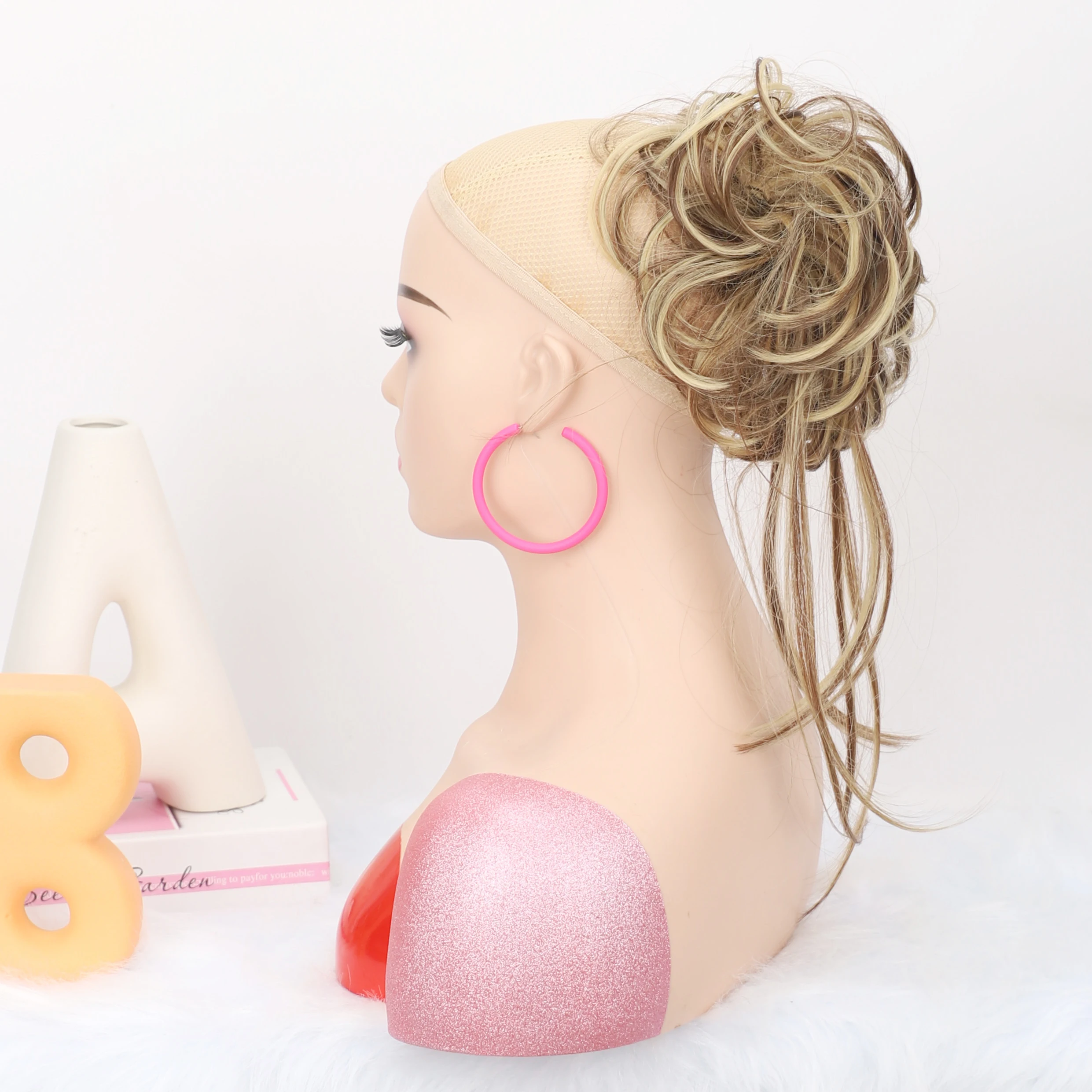 곱슬머리 시뇽 메시 번 헤어 롱 투슬 업두 스크런치(탄성 밴드 포함) 여성용 합성 헤어피스 여성용