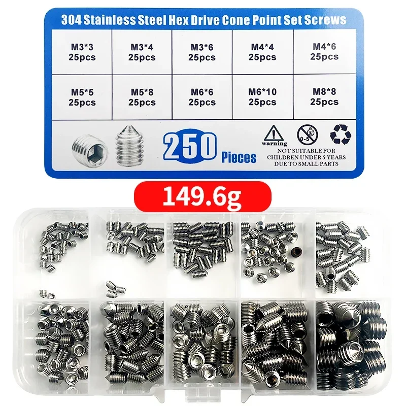 

250Pcs/Box M3/M4/M5/M6/M8 Stainless Steel Allen Head Socket Hex Set Grub Screw Assortment Cup Point Set Screws With Plastic Box