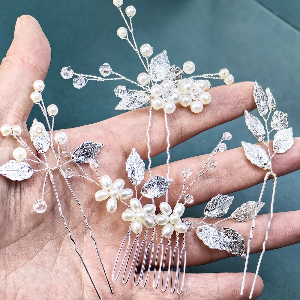 4 Piece Bridal Tiara Imitation Pearl Rhinestone Silver Leaf Wedding Set Elegant Hair Accessories Bridesmaid Flower Girl