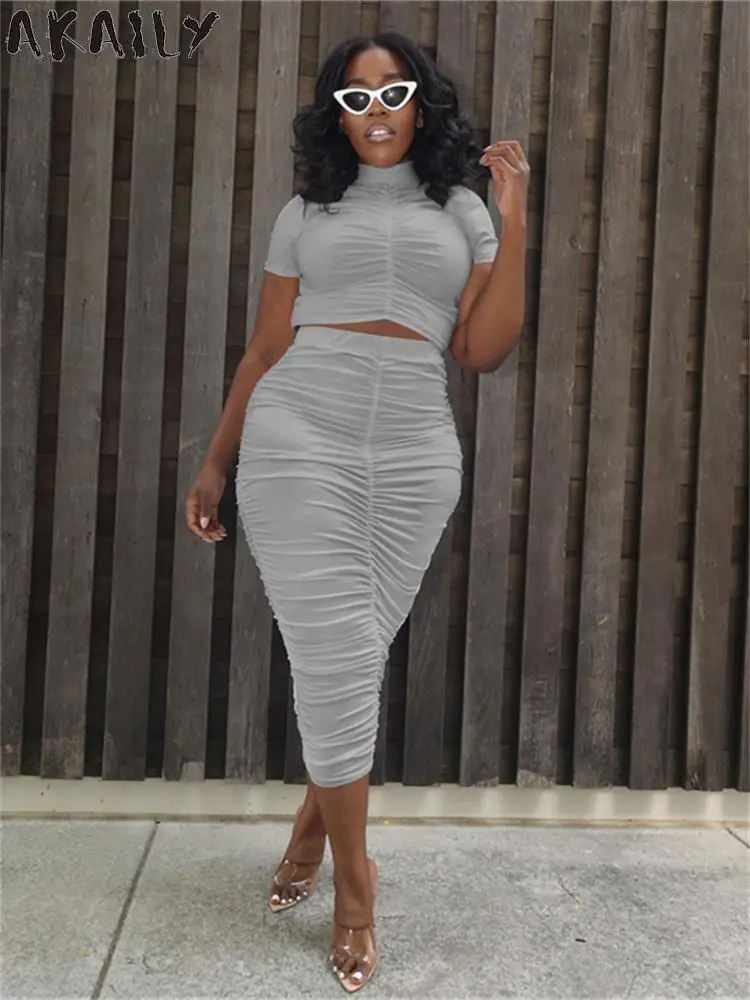 Gaki Short Sleeves Asymmetric Folds Top And Skirt Two-Piece Set