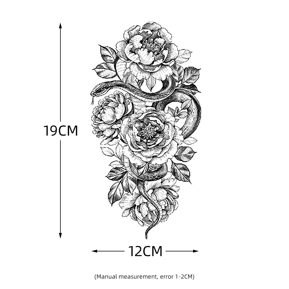 Black Large Snake Flower Tattoo Stickers Water Transfer Fake Tattoo Women Girl Wolf Rose Peony Leg Body Art Temporary Tattoos