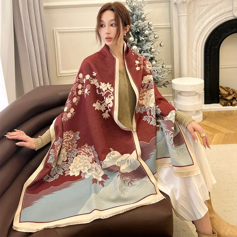 Faux Cashmere Scarf Winter Shawl Women Girl Fashion Flower Stole Big Blanket Bandana for Lady 180*65cm