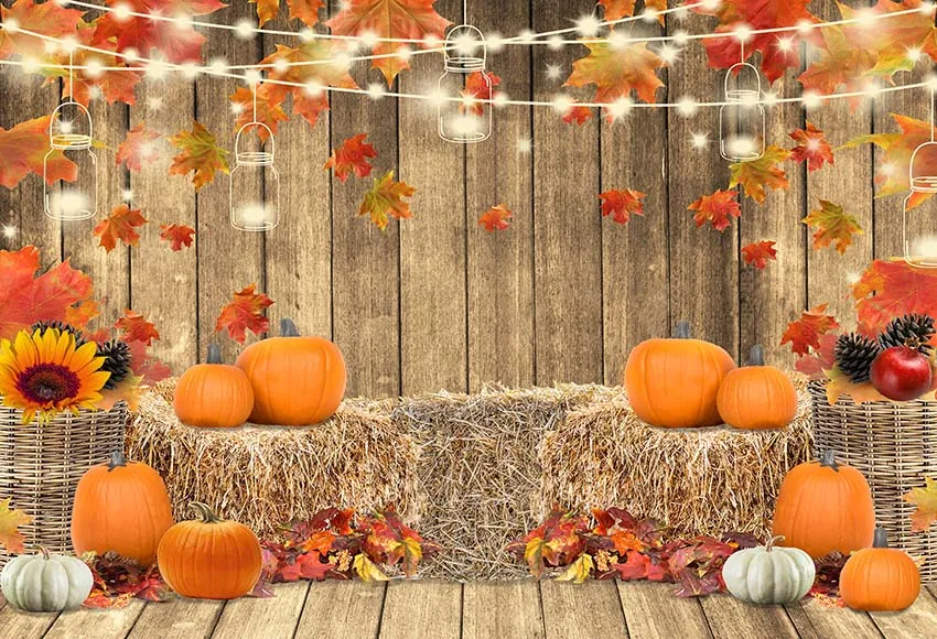 Autumn Pumpkin Truck Backdrop Harvest Fall Forest Maple Leaves Photography Background Thanksgiving Day Party Banner Ration