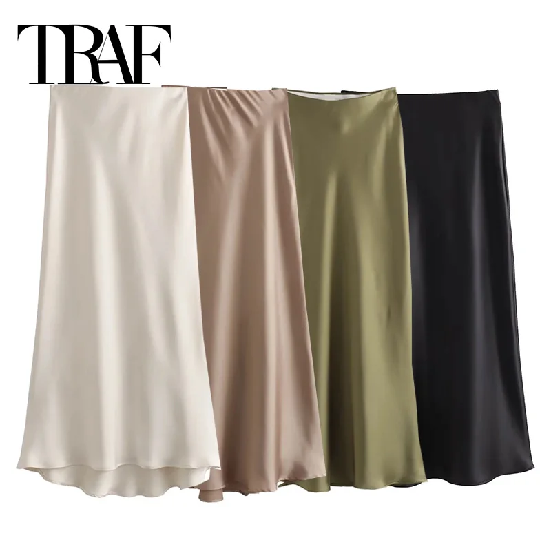 TRAF Woman 2024 Satin Skirt Women High Waist Long Skirts For Women Summer Black Midi Skirt Office Elegant Women’s Skirts