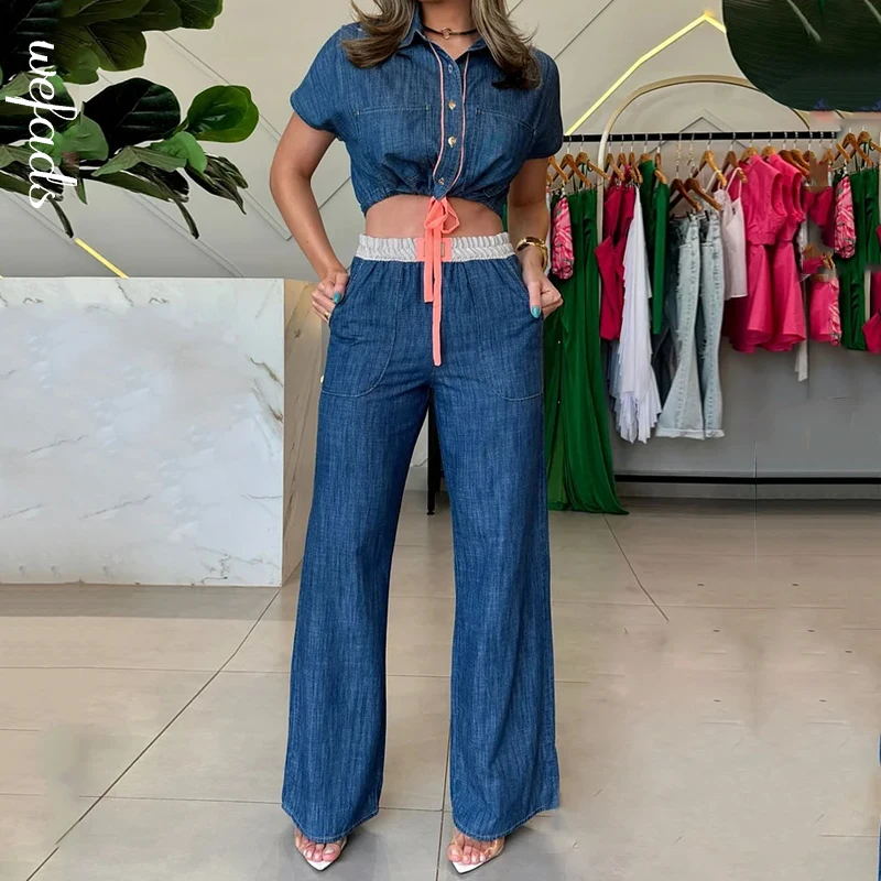 Wefads Two Piece Set Women Summer Casual Solid Lapel Imitation Denim Short Sleeve Nipped Waist Top Patchwork Loose Pants Sets