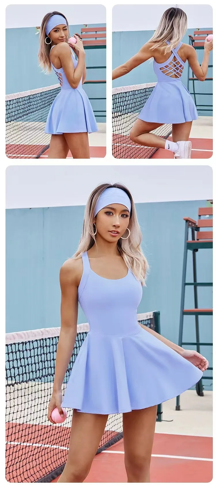 Women Dress Sports Clothing Tennis Dress Women Sports Sets Golf Badminton Skorts Back Cross Tracksuits With Chest Pads One-Pieces Slim Fit Soft Yoga Suits