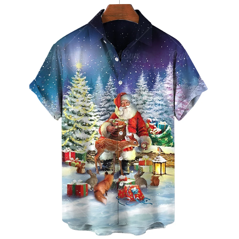 

Santa Claus Shirts Man And Women Christmas 3D Print Summer Party Short Sleeve Button Up Shirt for Men Casual Oversized Tops