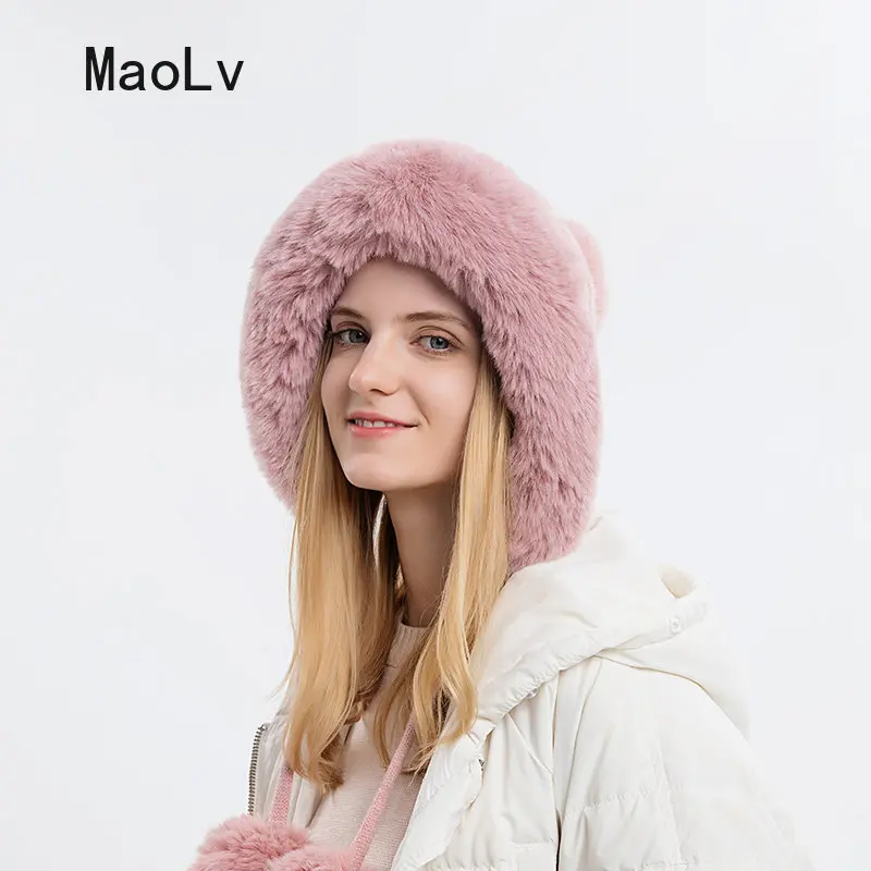 Winter Fluffy Fur Kintted Cap for Women Russian Lady Soft Warm Ear Protection Hats Female Outdoor Plush Coldproof Ball Beanies 3