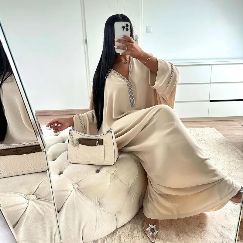 New Metal Diamond Fashion All-Match Dress Bat Sleeve Advanced Djellaba prom dress  robe elegante femme  vestidos largos