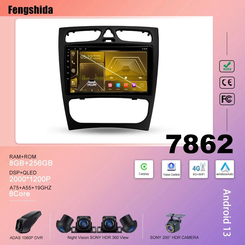 메르세데스 벤츠 C 클래스 S203 CL203 W203 2000 - 2004 용 자동차 안드로이드 블루투스 터치 스크린 지능형 시스템 미러 링크 카플레이