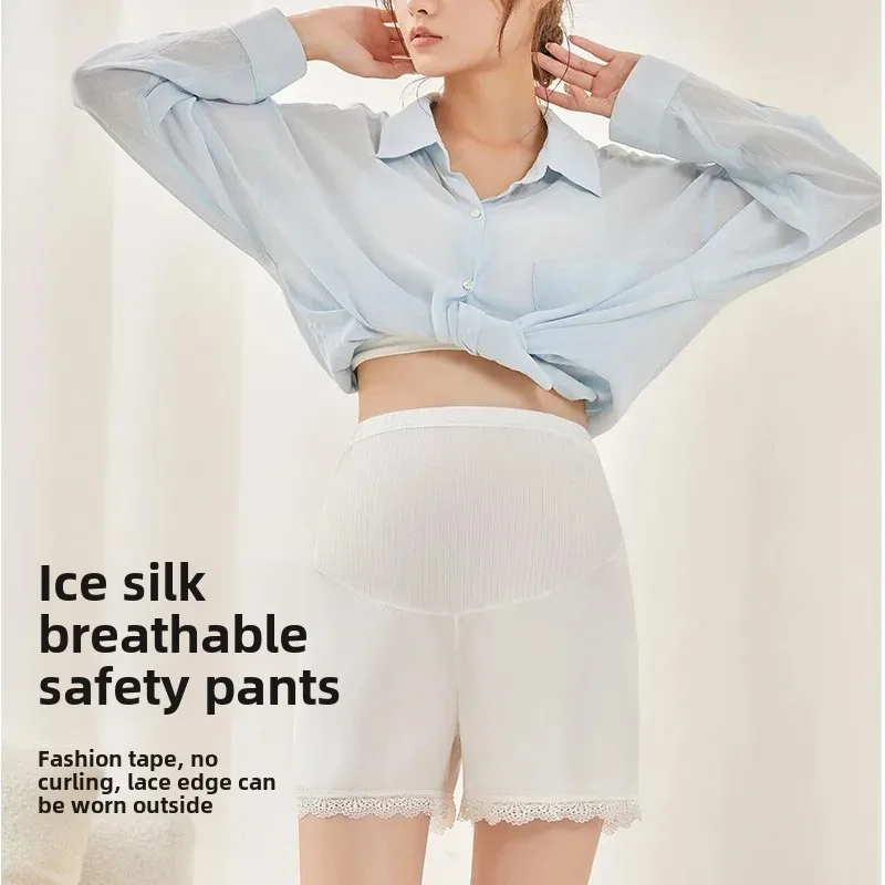 Maternity Base Layer Pants Three-Quarter Length Short Shorts Thin Summer Cool Feeling Floral Edge Safety Pants for Pregnant Wome