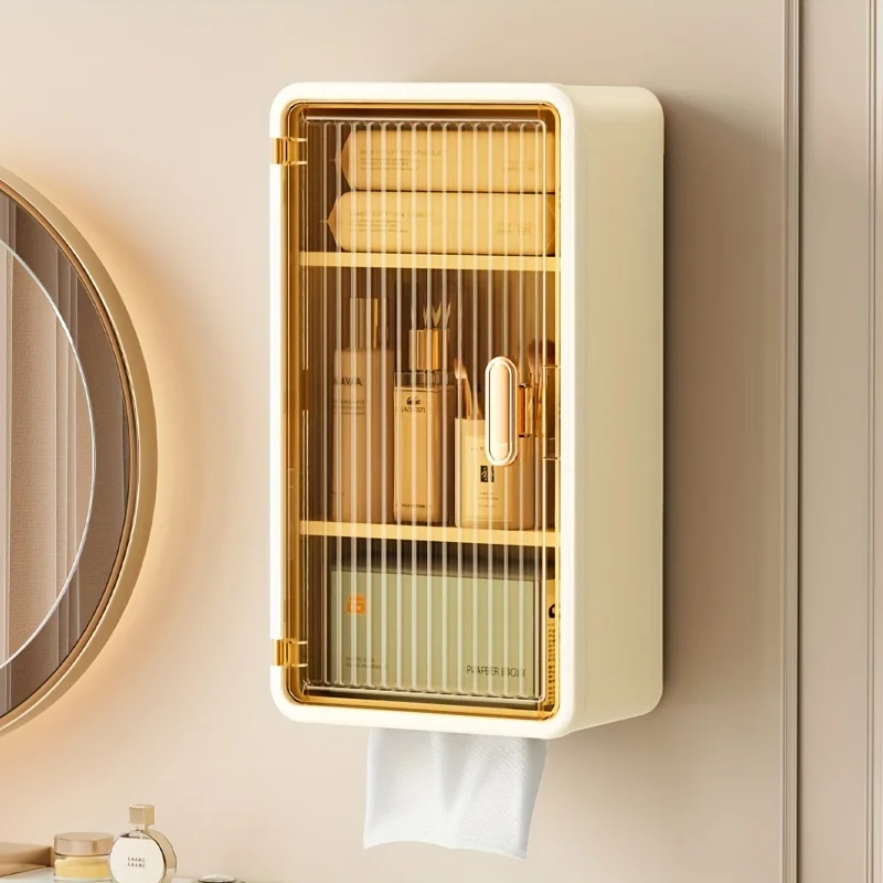 Wall Mounted Makeup Storage Box Hanging Drawer-type Cosmetics Organizer Punch Free Dust-proof Storage Rack with Lid Tissue Box 4