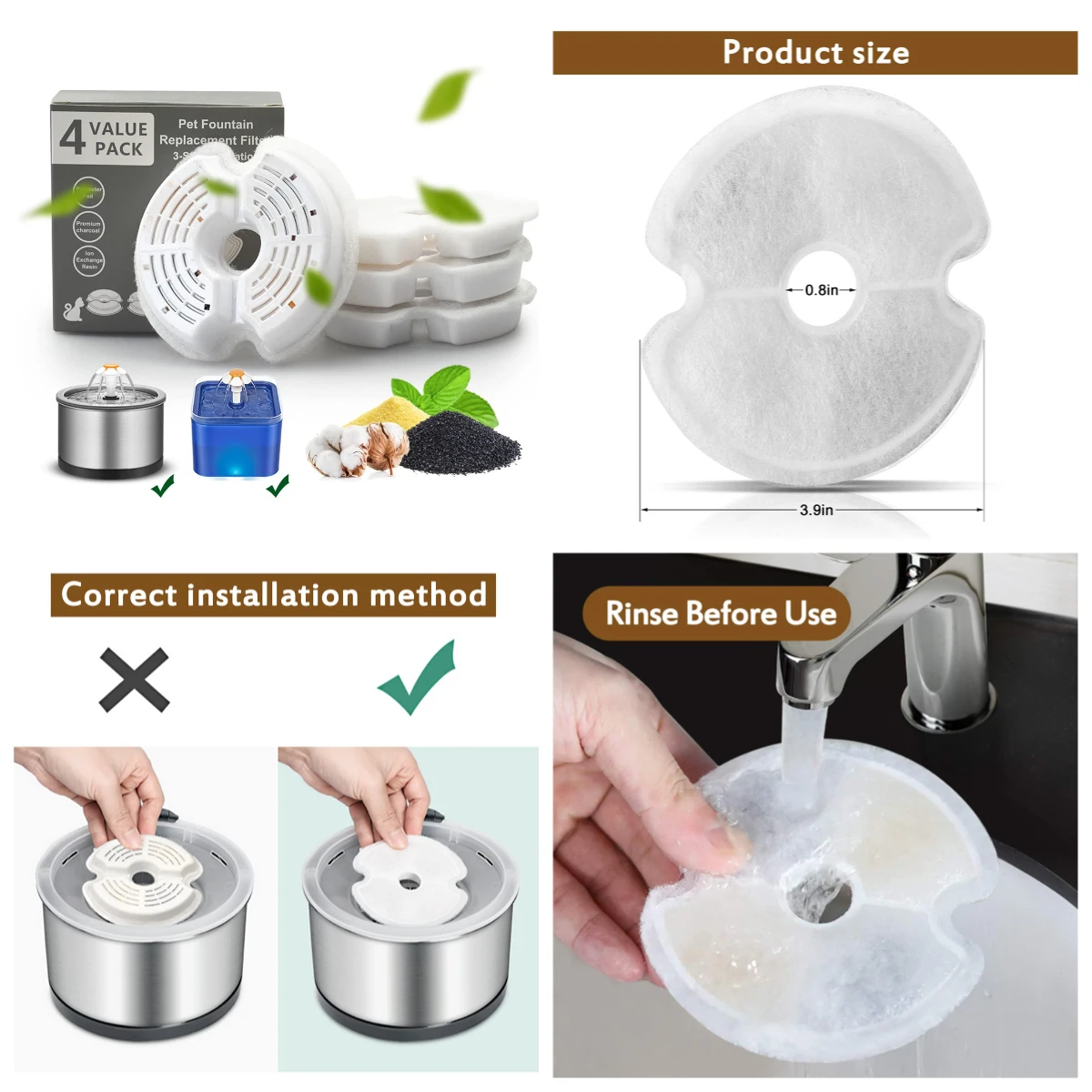 Pet Fountain Replacement Filters & Pre-Filter Sponges - 4/8/12-Pack