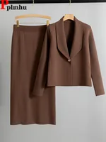 Elegant Chic Knitted 2 Piece Sets Women Lapel Neck Long Sleeve Knitwears Cardigan Tops Conjuntos Solid High Waist Skirts Outfit