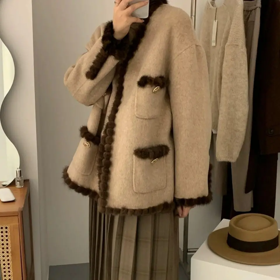 Women's Cashmere Coat Jacket Vintage V-Neck Woman Coat Female Tops Autumn Winter
