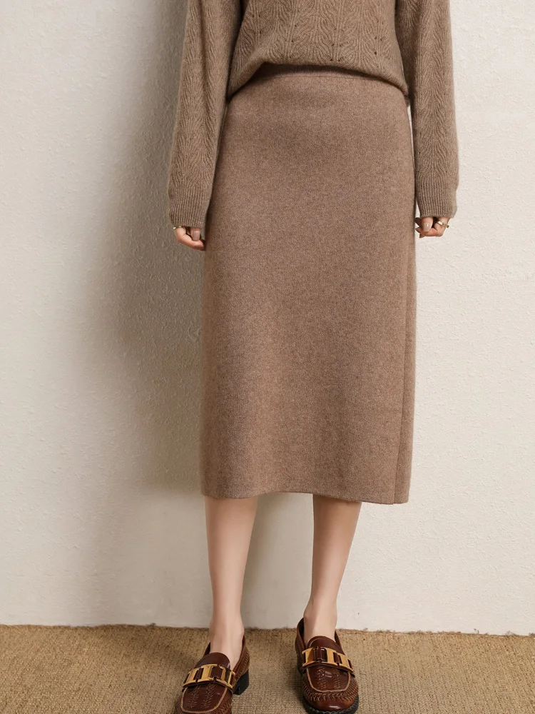 Women's 100% Merino Wool Skirt Thick Soft Warm Solid Cashmere Knitwear Female Grace Mid-Calf Dress Korean Fashion Winter Spring