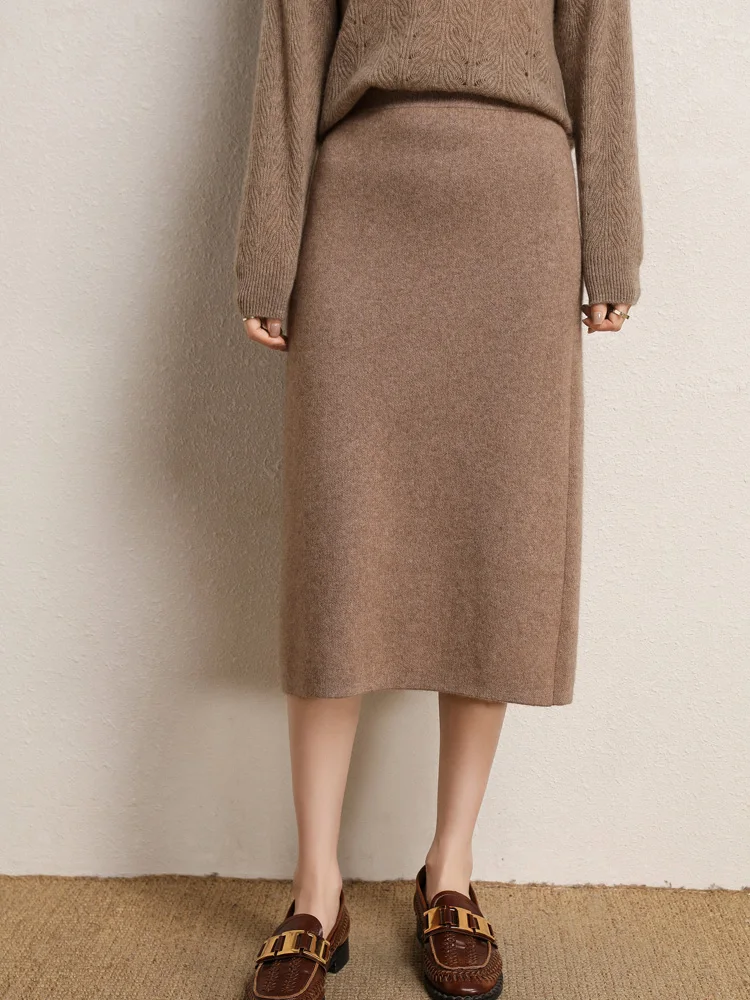 Women's 100% Merino Wool Skirt Thick Soft Warm Solid Cashmere Knitwear Female Grace Mid-Calf Dress Korean Fashion Winter Spring women s 100% merino wool skirt thick soft warm solid cashmere knitwear female grace mid calf dress korean fashion winter spring