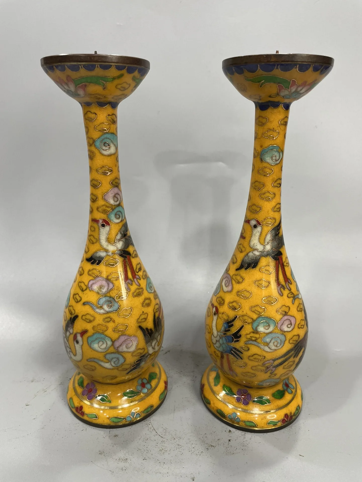 

9"Tibetan Temple Collection Old Bronze Cloisonne Enamel Crane Cloud Texture Candlestick A Pair Worship Hall Town house Exorcism