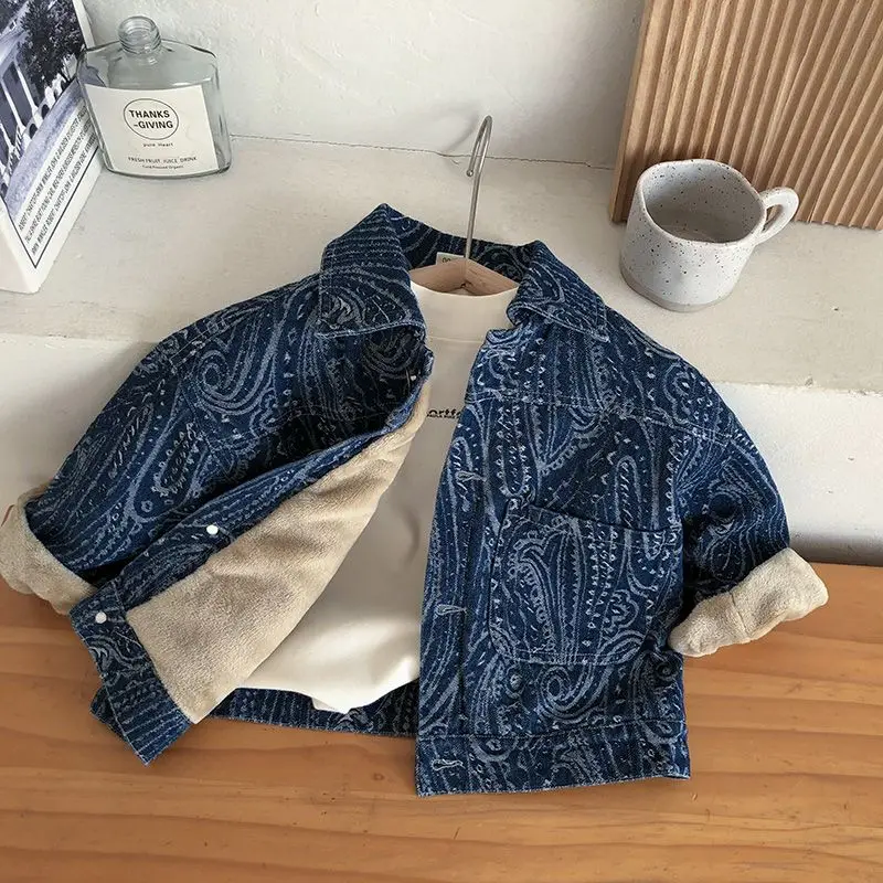 Boys\' Denim Fleece Padded Coat 2022 New Children\'s Autumn and Winter Thickening Jacket Baby Handsome Winter Clothes Jacket
