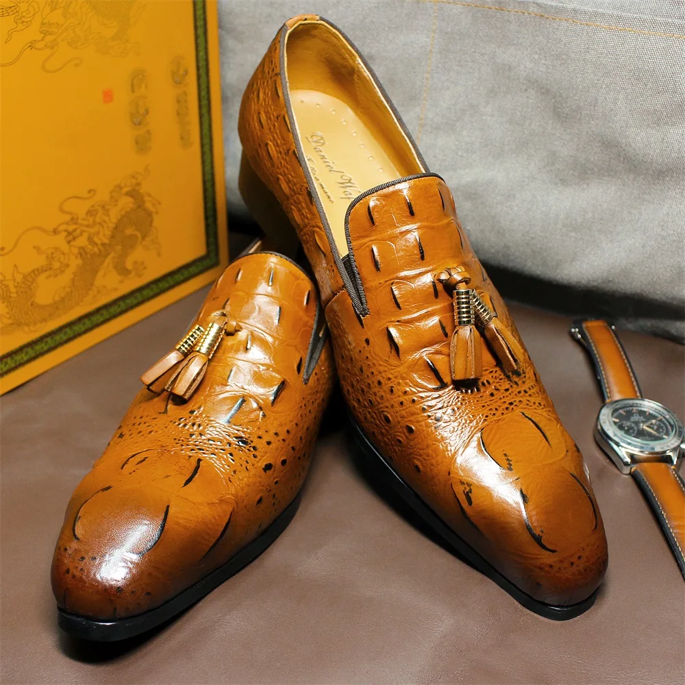 Luxuriöse Herren-Loafer mit schwarzem Kaffee-Krokodildruck, Slip-On-Quastendetail, lässige, formelle Kleidung, Lederschuhe – Detail 11