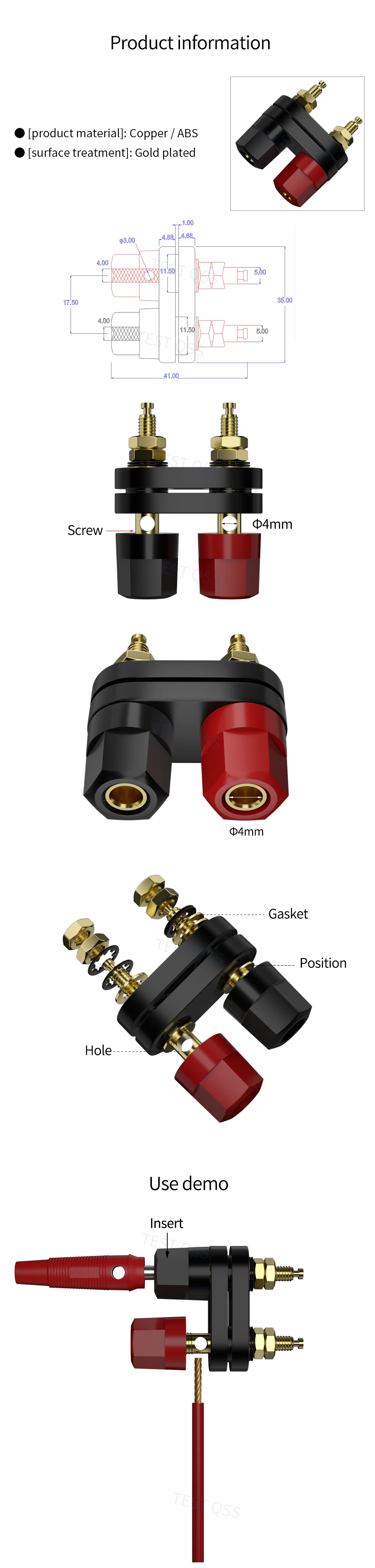 QSS 2PCS Dual Banana Stecker Terminals Rot Schwarz Stecker Verstärker Terminal-Binding Post Banana Lautsprecher Stecker Jack Q.50021 – Detail 1