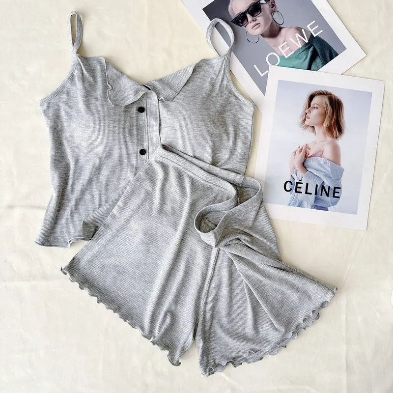 Sexy Cotton Sling Top Shorts Set Bra Pad Sleepwear Pajamas for Women Home Wear Nightwear women pajamas set,women pajama suit,cotton pajamas set
