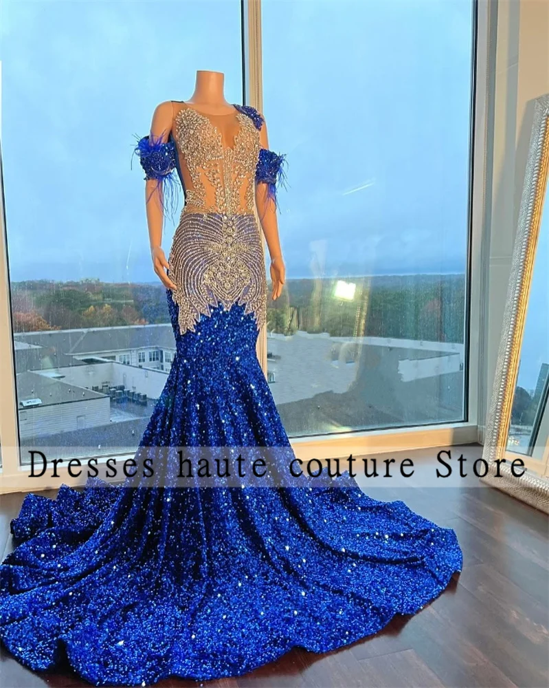 

Sparkly Royal Blue Sequin Prom Dresses 2024 For Black Girls Glitter Crystal Rhinestones Beading Evening Party Gown Robe De Bal