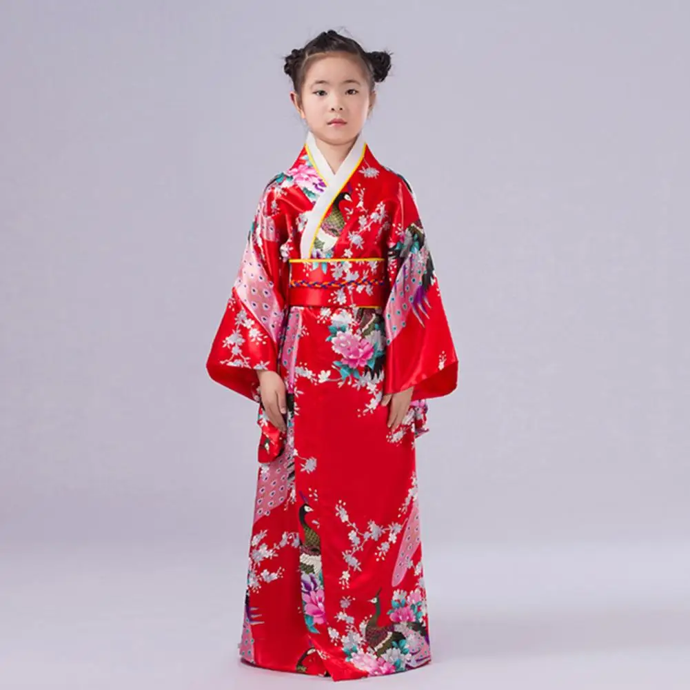 Kids Satin Floral Kimono Robe Girls Traditional Kimono Pajama Peacock Robe Bathrobe Girls Silky Satin Robes Sleepwear