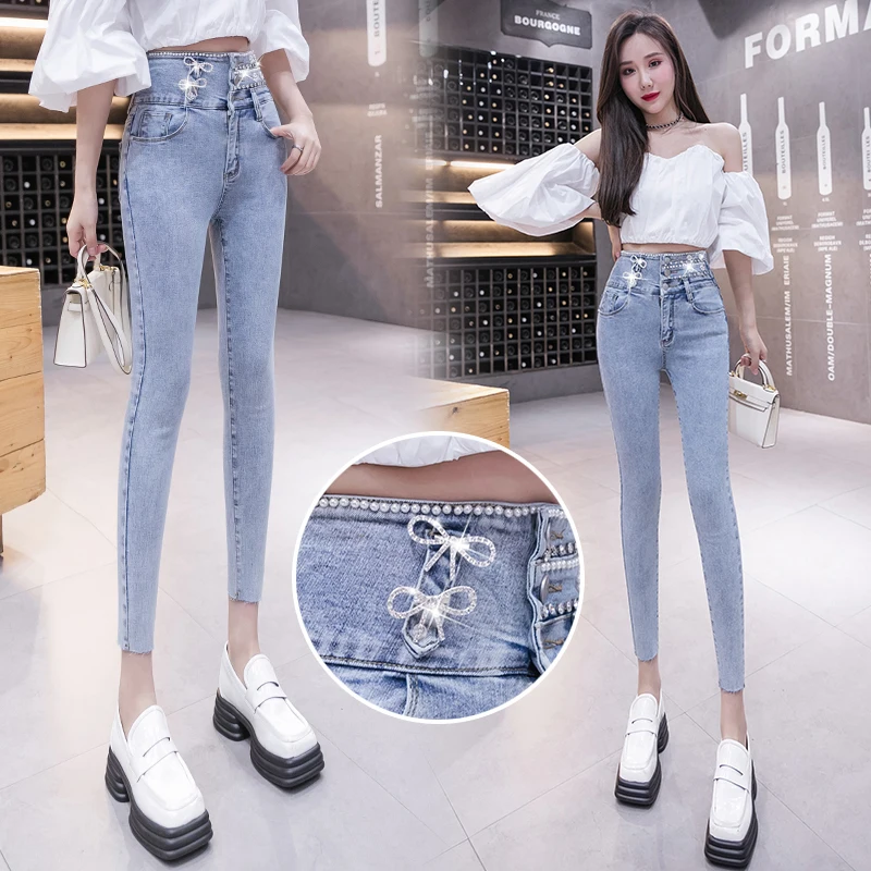 

Beading Pearl Diamond Bow Stretch Pencil Jeans High Waist Slim Skinny Washed Women Denim Pants Korean Streetwear Gothic Legging