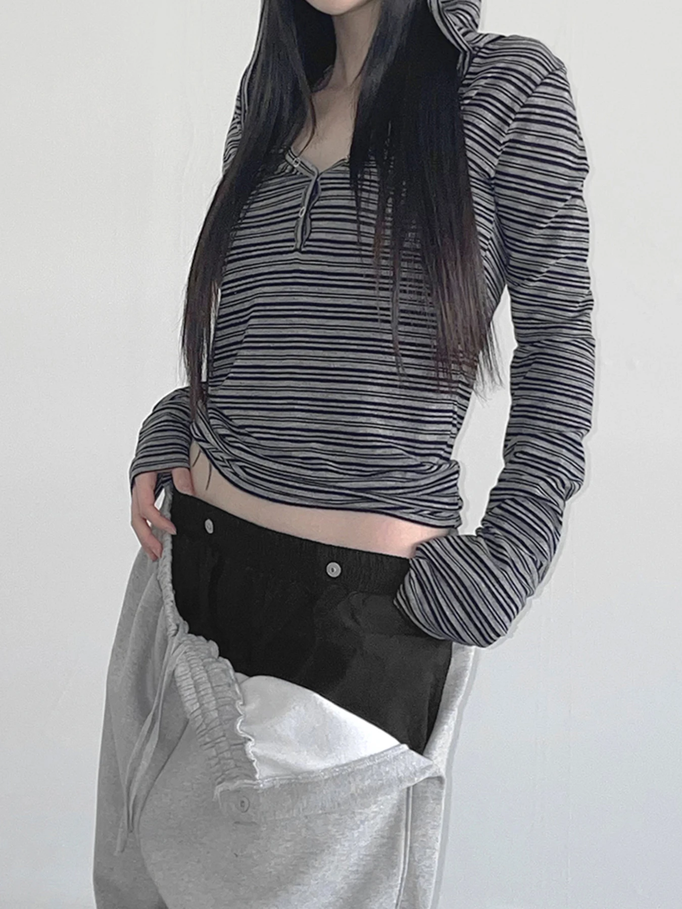 Casual Striped Breasted Long Sleeve Hooded T-Shirts Women Design Slim Fit Simple Fashion Blouses 4