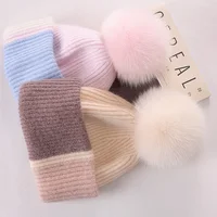 2023 New Natural Fur Pom Pom Hat Fashion Stitching Color Winter Hat for Girl Women Warm Beanies High Quality Fox Fur pompom Hat 2