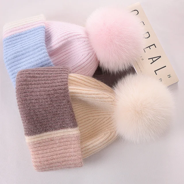 2023 New Natural Fur Pom Pom Hat Fashion Stitching Color Winter Hat for Girl Women Warm Beanies High Quality Fox Fur pompom Hat 2