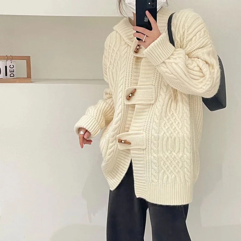 

Женский свитер-пальто из коровьей кожи на осень и зиму, новинка 2022, Корейская версия, свободный, в ленивом стиле, с закрученными вставками, QWM0