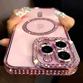 Soft Magnetic Diamond Phone Case For iPhone 11 12 13 14 15 16 17 Pro Max Plus Air Glitter Magsafe Bumper Back Cases Cover 1