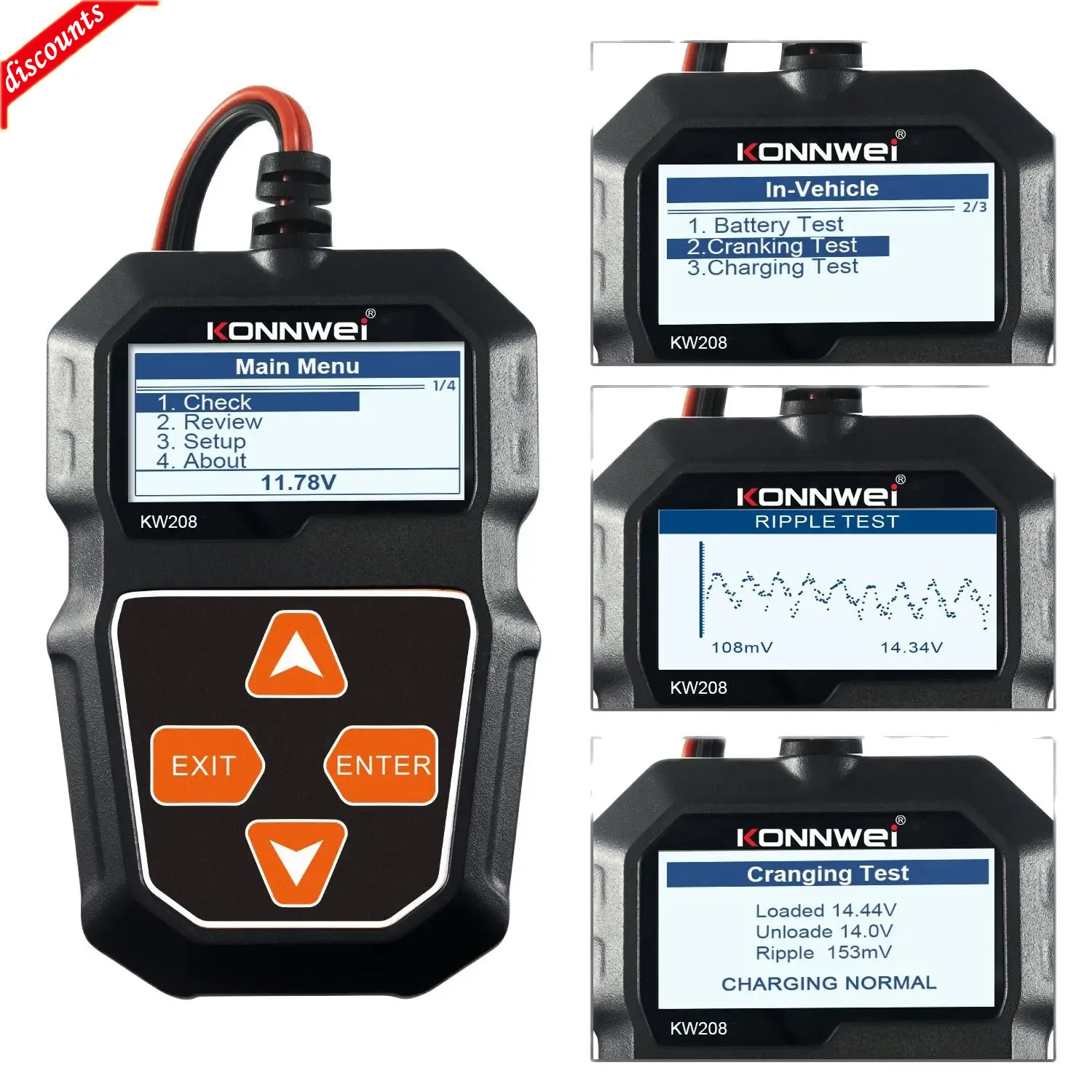 KONNWEI 자동차 배터리 테스터 충전기 분석기, 12V 2000CCA 전압 배터리 테스트, 자동차 배터리 테스터 충전 크리컷 로드 도구, KW208