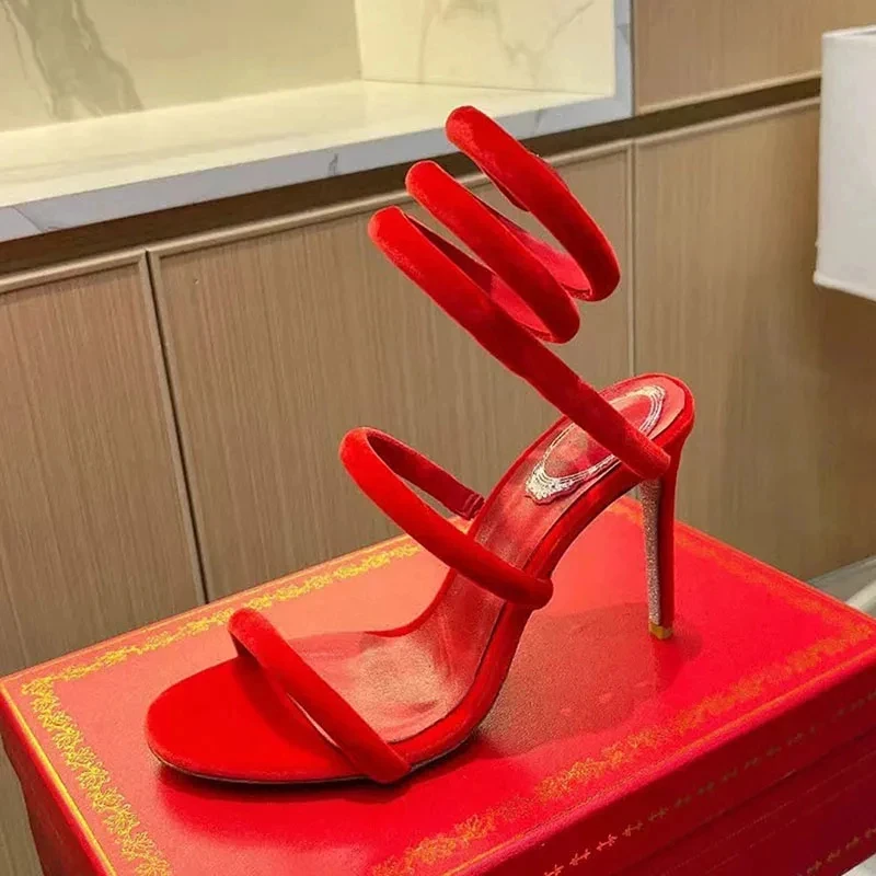 Summer High Heels Sandals Woman Crystal Snake Twine Around Ankle Strap Party Shoes Women Sexy Stiletto Gladiator Sandals Women