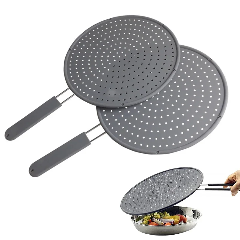 Silicone Splatter Screen Pan Cover With Handle, Heat Insulation Cooling Mat Oil Splash Guard Drain Board Kitchen Frying Pan Lid