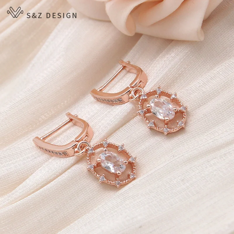 S&Z DESIGN New Fashion 585 Rose Gold Color Egg Shape Cubic Zirconia Dangle Earrings For Women Trendy Simple Jewelry Gift
