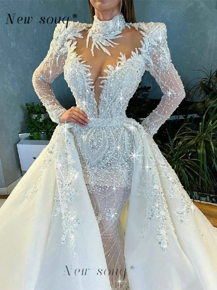 Glittering Luxury Long Sleeves Mermaid Evening Dresses with Detachable Train Sexy Beaded Pearls Wedding Party Gowns Formal Wear